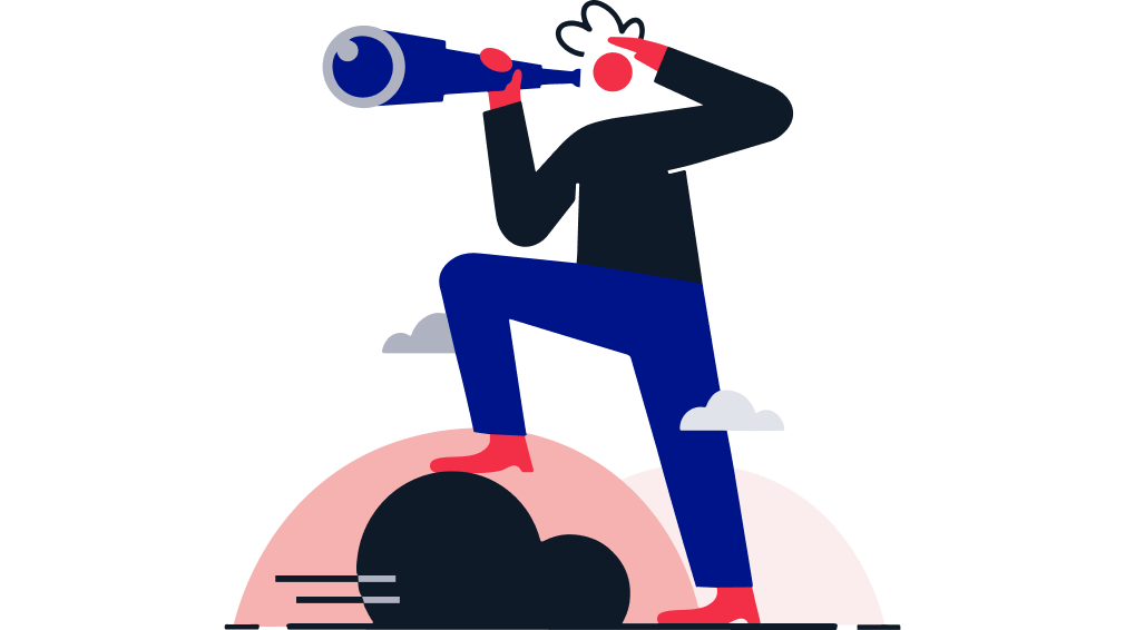 Illustration of a person standing on a hill, looking off into the distance with a telescope