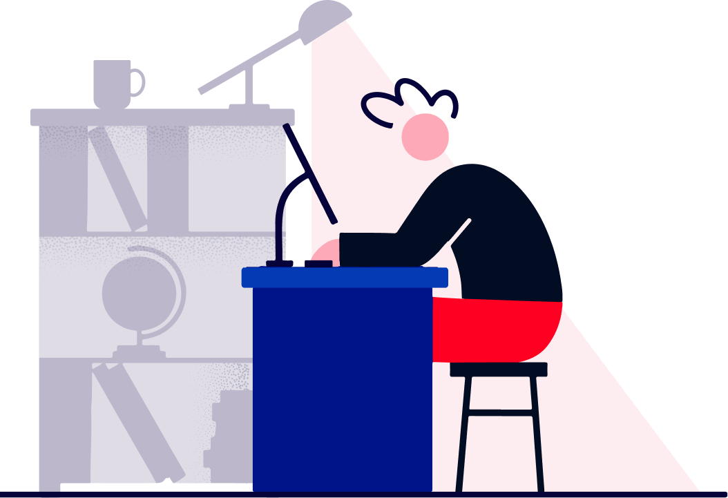 Illustration of a student at a desk studying programming skills with TwilioQuest